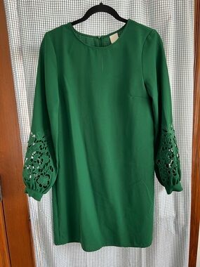 H&M Emerald Green Long-Sleeve Shift Dress with Lace Cutouts